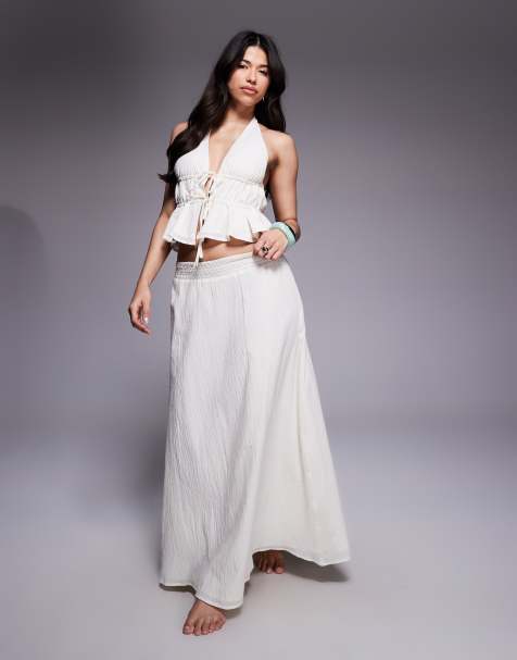 The Frolic - Exclusives - Maxi rok van kreukelstof met linnenlook en gestrikte taille in crème, deel van co-ord set - view 1