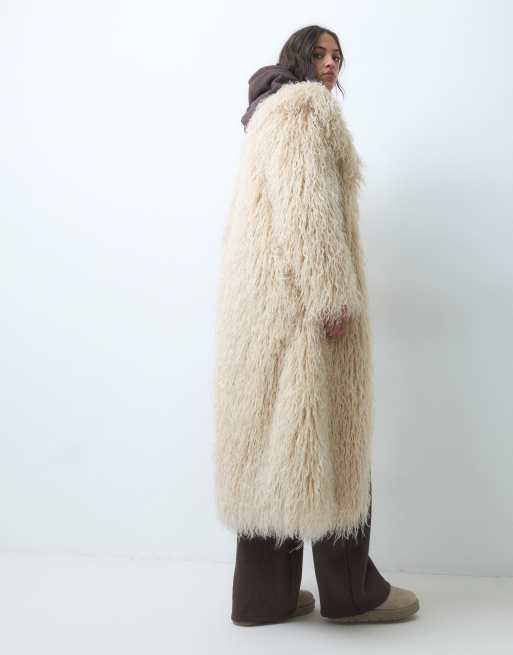 The Frolic - Exclusives - Oversized maxi jas van Mongools imitatiebont met kraag in crème, 5 van 5