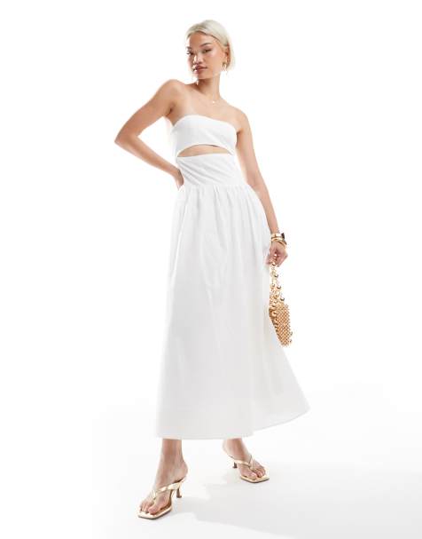 The Frolic - Exclusives - Poplin maxi bandeau-jurk met uitsnijding en gestrikte achterkant in wit - view 1