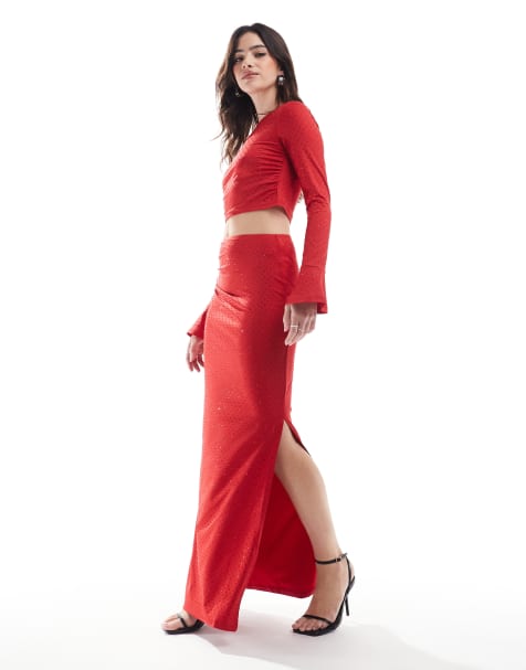 The Frolic - Exclusives - Rechte maxi rok met hotfix in rood, deel van co-ord set - view 1