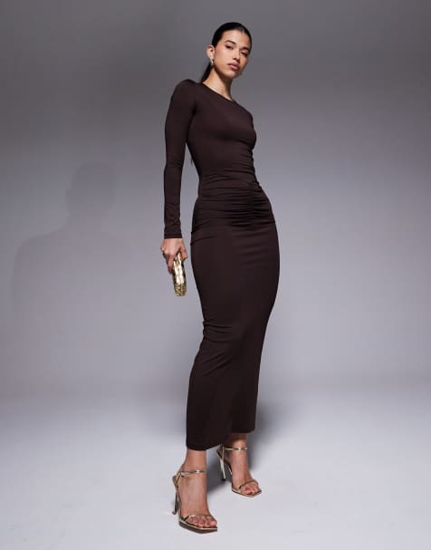 The Frolic - Exclusives - Strakke maxi-jurk met gerimpelde taille en fishtail in chocoladebruin - view 1