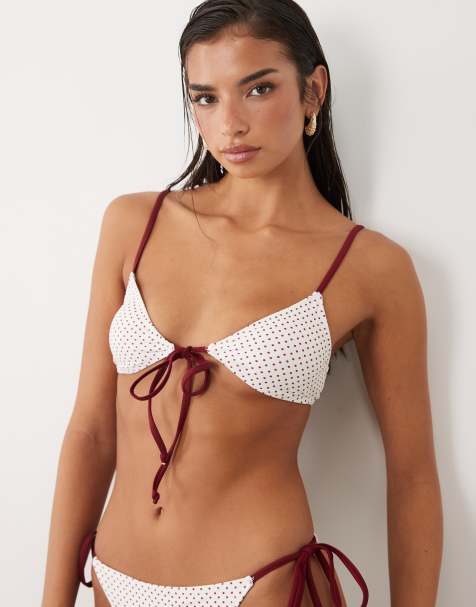 The Frolic - Exclusivité - Haut de bikini triangle noué devant à pois - Crème et rouge - view 1