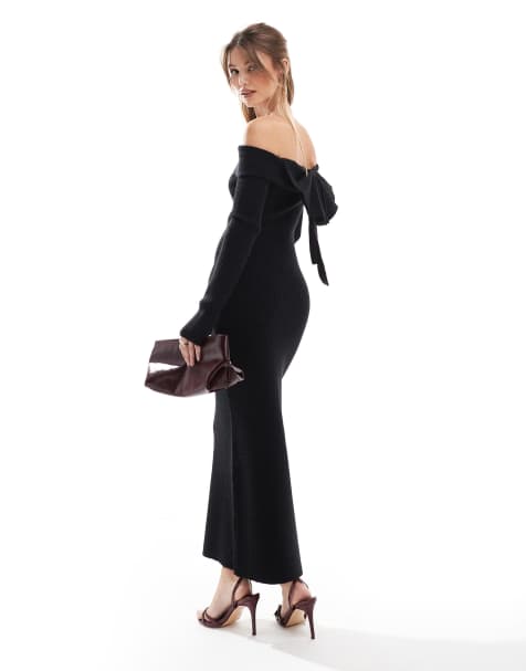 The Frolic - Exclusivité - Robe longue en maille à encolure Bardot et nœud au dos - Noir - view 1