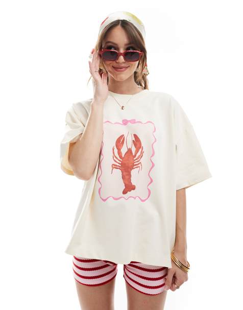 The Frolic - Exclusivité - T-shirt oversize avec imprimé homard - Crème - view 1