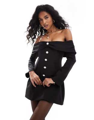 Thumbnail - The Frolic Exklusiv - Elegantes, schulterfreies Minikleid in Schwarz mit ausgestellten Ärmeln und Zierperlenknöpfen