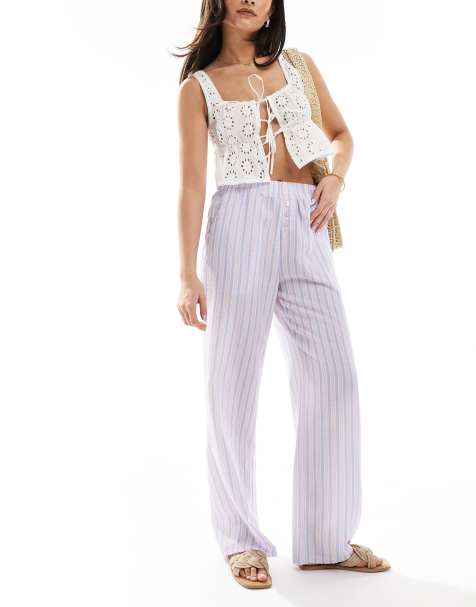 The Frolic – Exklusiv – Gestreifte, strukturierte Strandhose in Rosa und Blau mit Boxershorts-Bund und weitem Bein - view 1