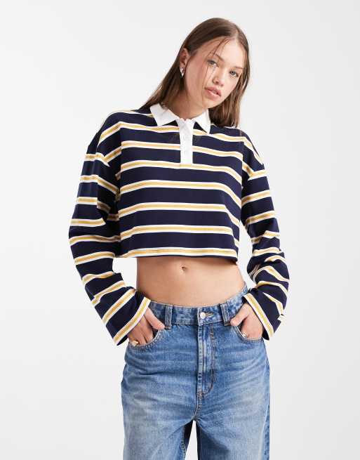 The Frolic – Exklusiv – Langärmliges Cropped-Rugby-Shirt aus Baumwolle in Marineblau mit Streifen