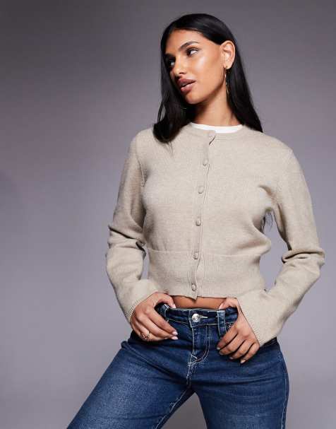 The Frolic – Exklusive, gerippte Strickjacke in Hellbeige mit Knopfleiste und strukturiertem Bund - view 1