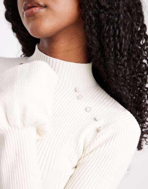 The Frolic – Exklusiver, gerippter Strickpullover in Cremeweiß mit Perlendetail und ausgestellten Ärmeln, 2 von 4