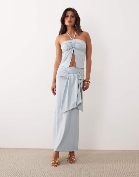 The Frolic – Exklusiver Maxi-Wickelrock in Babyblau mit drapierter Taille und Bindedetail, Kombiteil - view 1