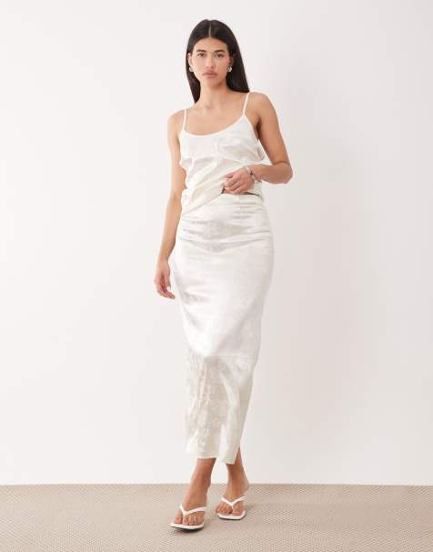 The Frolic – Exklusiver Maxirock aus floralem Jacquard-Satin in Cremeweiß mit geradem Schnitt, Kombiteil - view 1