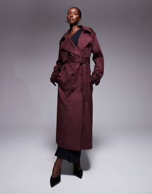 The Frolic - Exklusiver Trenchcoat aus Wildlederimitat in Pflaume mit Oversize-Kragen und Gürtel-Lila