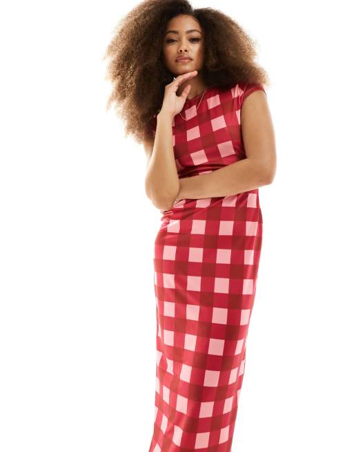 The Frolic – Exklusives, kurzärmliges Maxikleid mit geradem Schnitt in Rot und Rosa kariert    