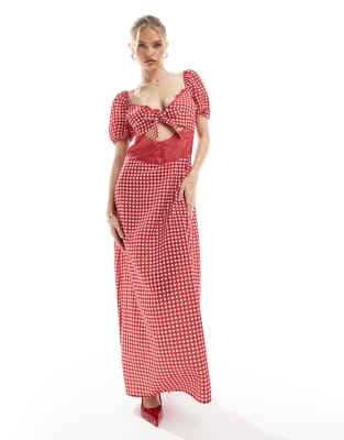 The Frolic - Exklusives Maxikleid aus Satin in Rot mit Vichykaros, Spitzeneinsatz, Zierausschnitt und Puffärmeln-Bunt