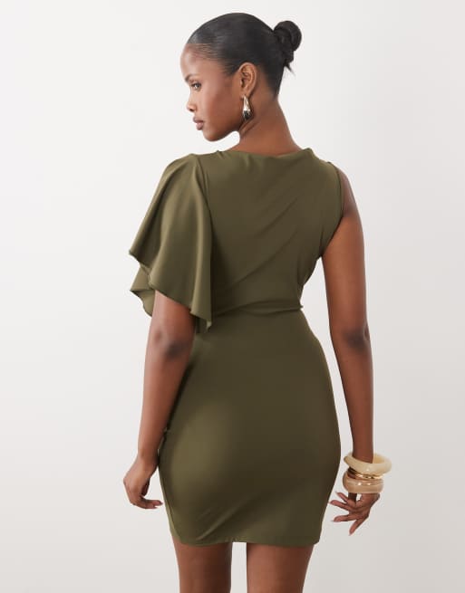 The Frolic exklusives One-Shoulder-Minikleid mit Rüschenärmel in Khaki, 2 von 4