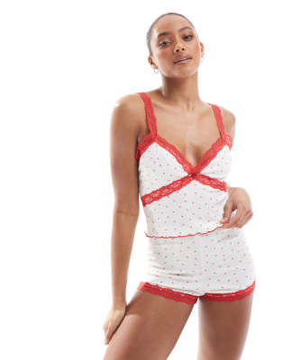 The Frolic - Exklusives Pyjama-Camisole aus Pointelle mit Herzmuster und roter Spitzenborte, Kombiteil-Bunt