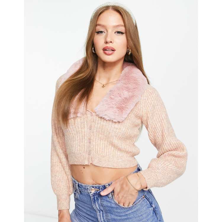 The Frolic faux fur trim cardigan in pink heather | ASOS