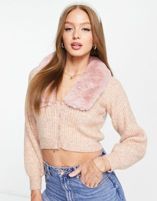 The Frolic faux fur trim cardigan in pink marl