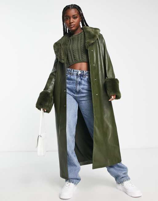 The Frolic faux fur trim longline coat in olive ASOS