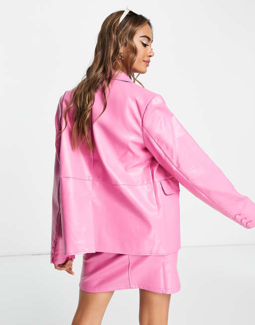 The Frolic faux leather blazer in bubblegum pink part of a set