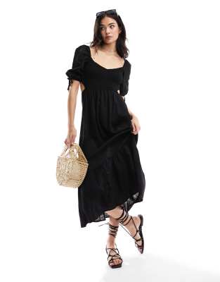 The Frolic Fin Linen Shirred Front Puff Sleeve Midi Beach Dress In Black