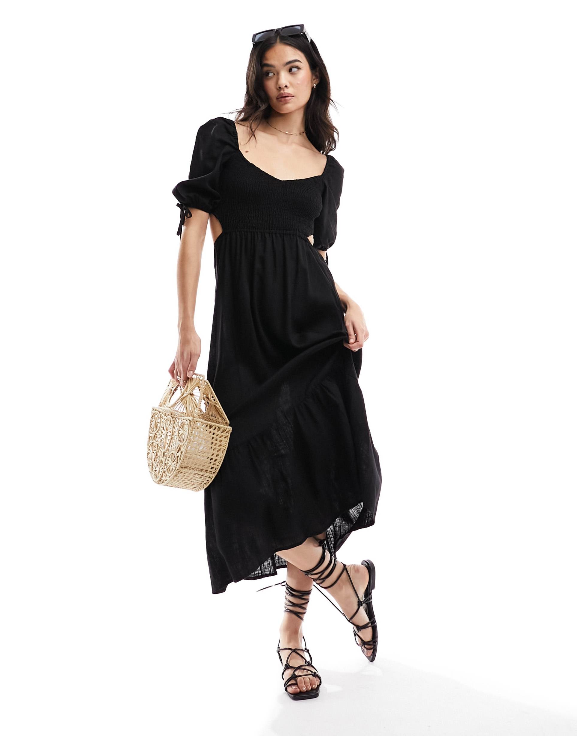 the frolic fin linen shirred front puff sleeve midi beach dress in black