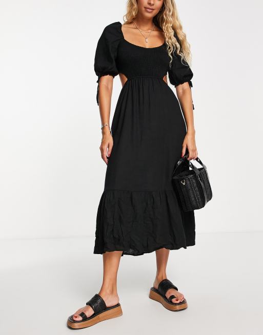 The Frolic Fin linen shirred front puff sleeve midi summer dress in black  