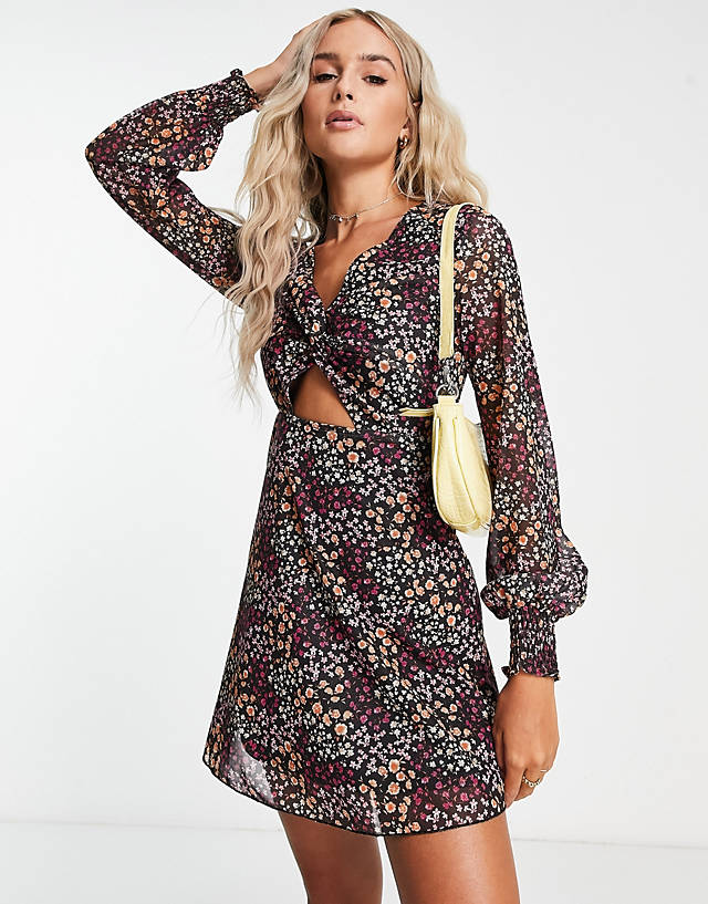 The Frolic flippy mini tea dress with mesh sleeves and twist front in micro floral