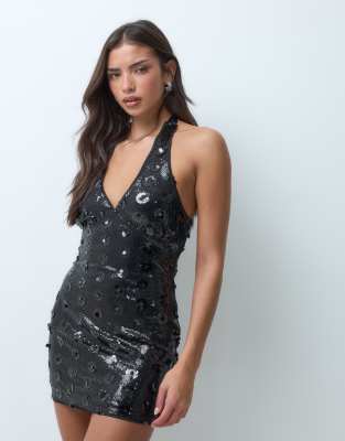 The Frolic Flower Detail Sequin V Neck Halterneck Mini Dress In Black
