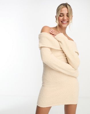 The Frolic Fluffy Supersoft Off Shoulder Mini Dress In Beige-white