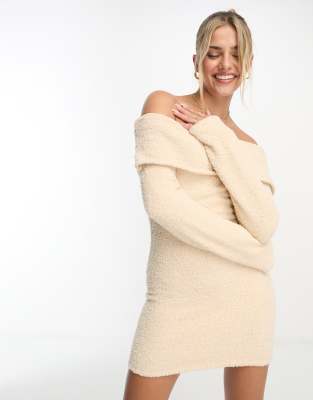 The Frolic Fluffy Supersoft Off Shoulder Mini Dress In Beige-white