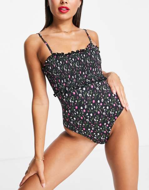 The Frolic - Gianna - Costume da bagno arricciato nero a fiori - view 1