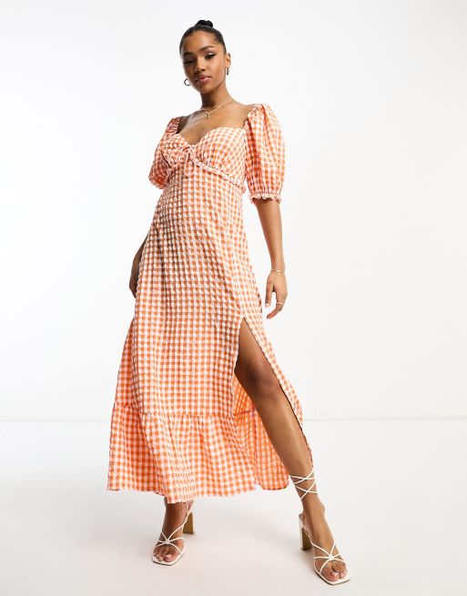 The Frolic gingham ruffle milkmaid midaxi dress in tangerine