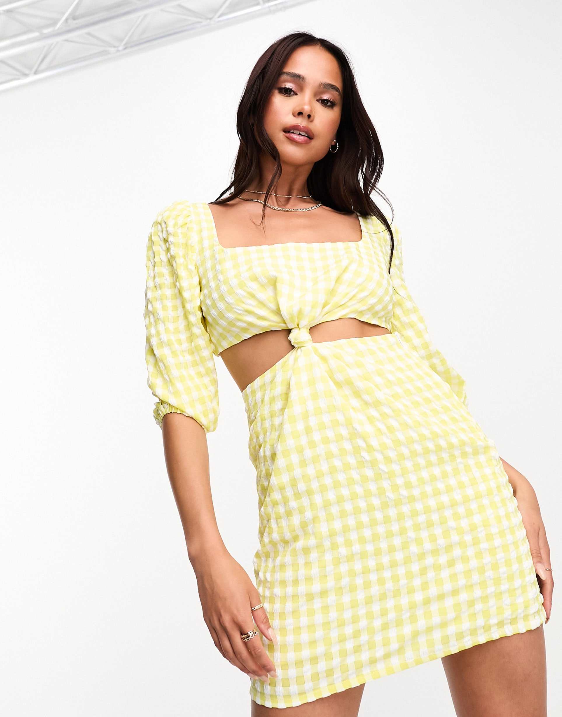 the frolic gingham twist puff sleeve mini dress in lemon