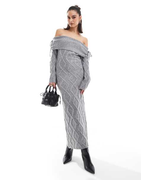 The Frolic - Grå kabelstrikket sweater-maxikjole med bardot-snit - Kun hos ASOS - view 1