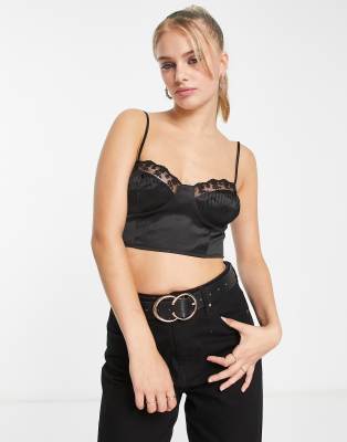 Parisian satin bustier crop top with lace trim in black