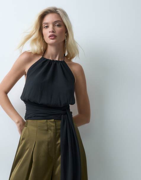 The Frolic halter neck low back drape detail top in black - view 1