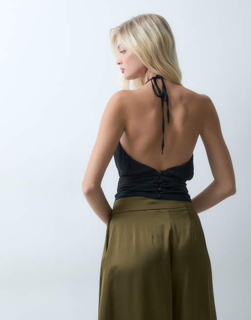 The Frolic halter neck low back drape detail top in black, 4 of 5