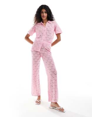 The Frolic The Frolic hibiscus crochet wide leg beach trouser co-ord in bubblegum pink