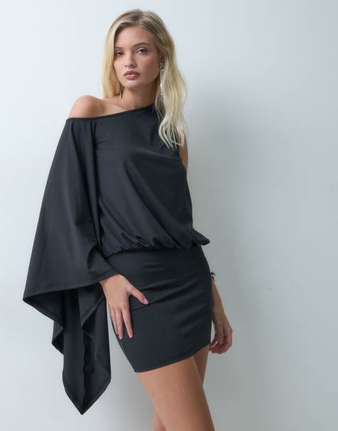 The Frolic jersey shoulder drape front open back fold over mini dress in black - view 1