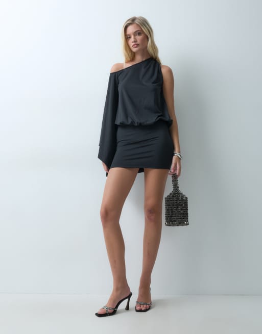 The Frolic jersey shoulder drape front open back fold over mini dress in black, 2 of 5