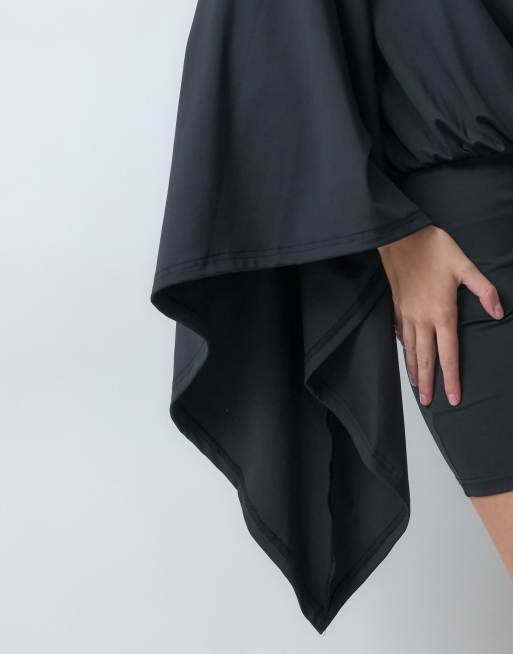 The Frolic jersey shoulder drape front open back fold over mini dress in black, 3 of 5