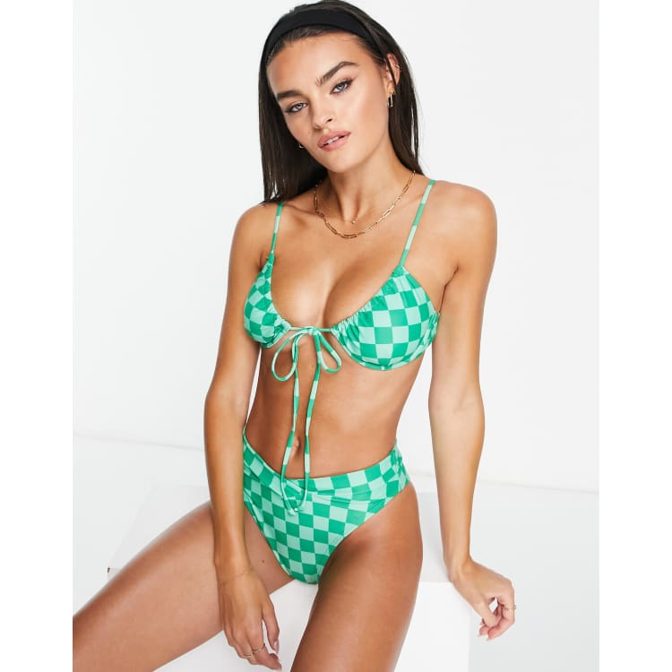 Checkered Bikini Top, Black White Checkerboard Check Sports