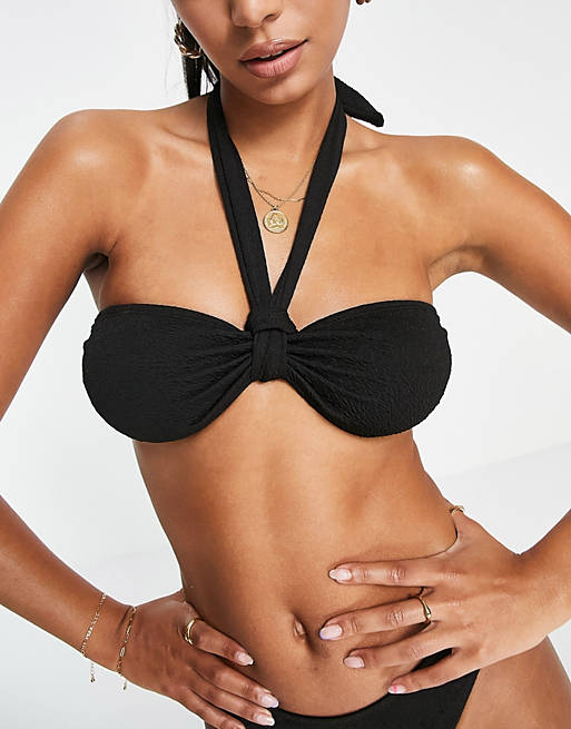 The Frolic knot halter bikini top in black texture | ASOS