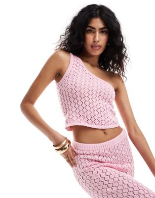 The Frolic Kristen One Shoulder Knit Beach Crop Top In Pastel Pink - Part Of A Set