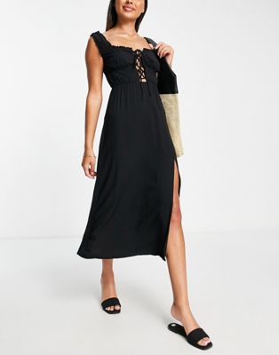 The Frolic lace up beach midi summer dress in black