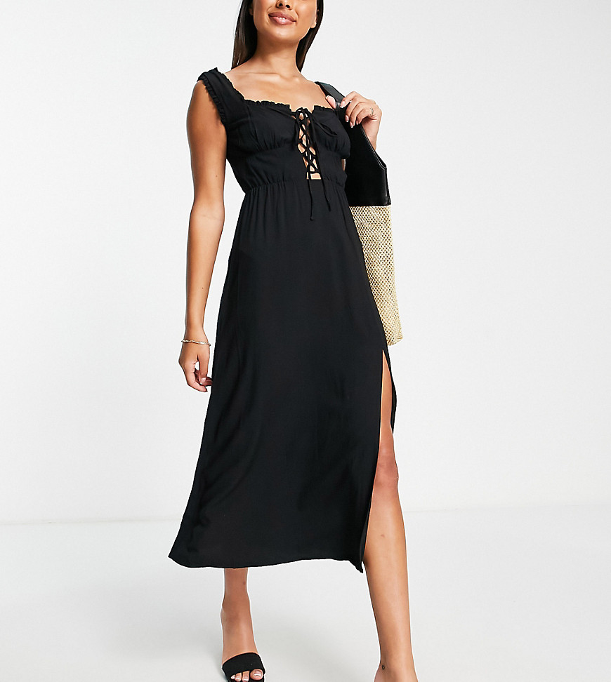 The Frolic lace up beach midi dress in black