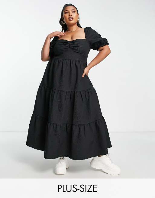 The Frolic - Lange smockjurk in melkmeisjesstijl met textuur in zwart
