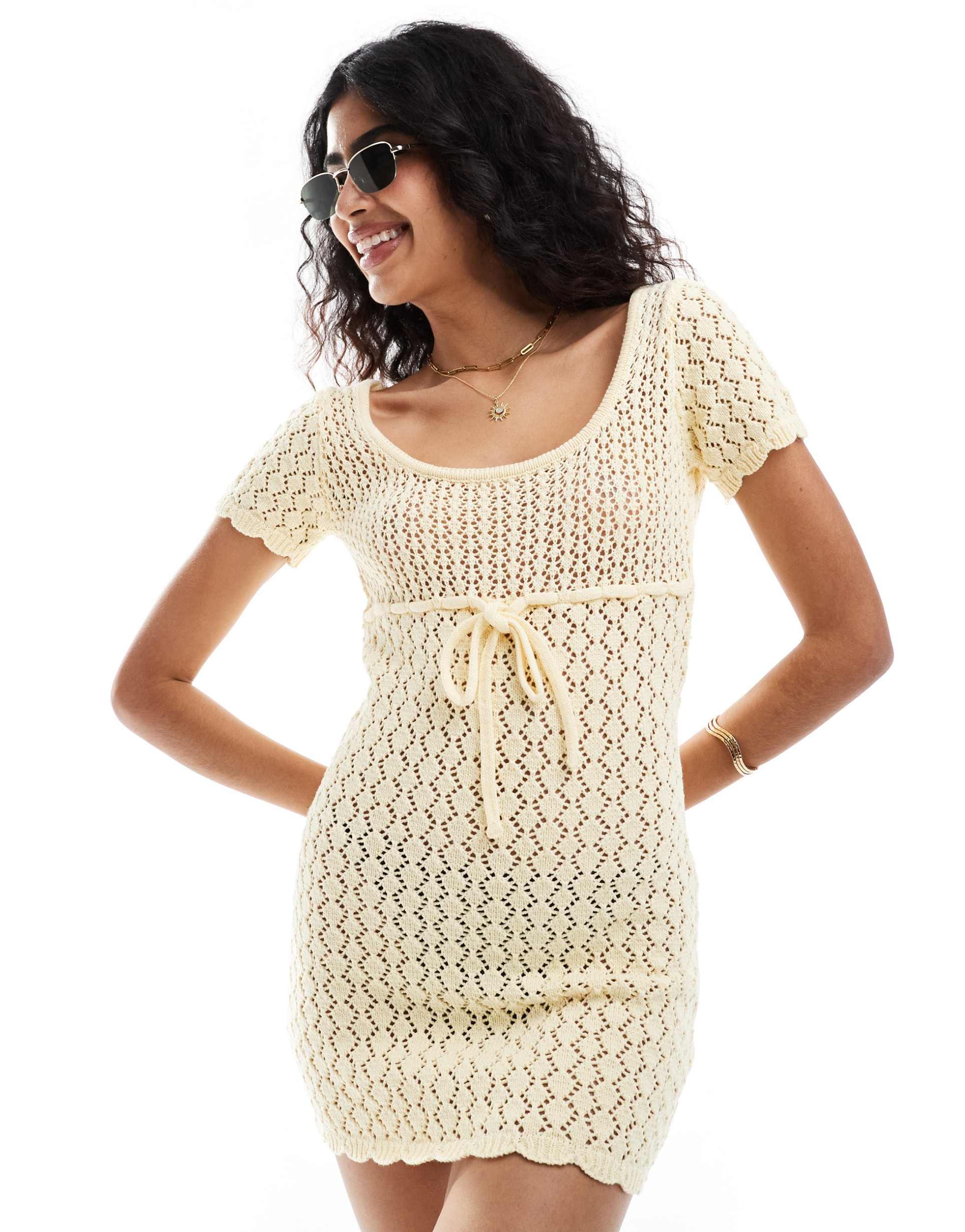 the frolic mango cross tie detail open back mini crochet beach dress in lemon