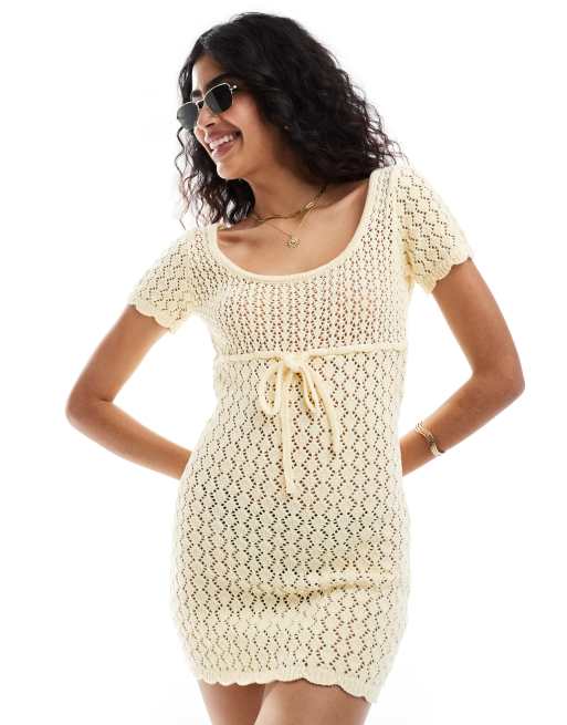 The Frolic mango cross tie detail open back mini crochet beach dress in  lemon